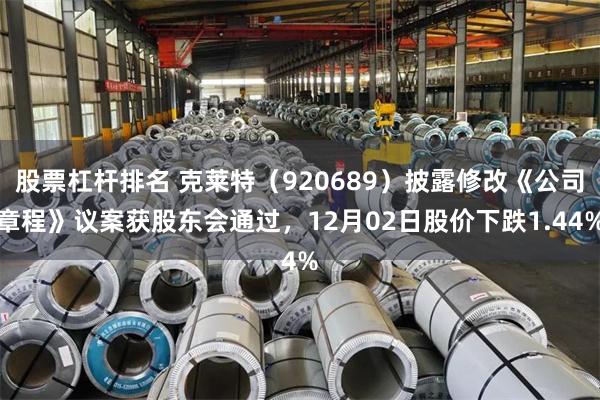 股票杠杆排名 克莱特（920689）披露修改《公司章程》议案获股东会通过，12月02日股价下跌1.44%